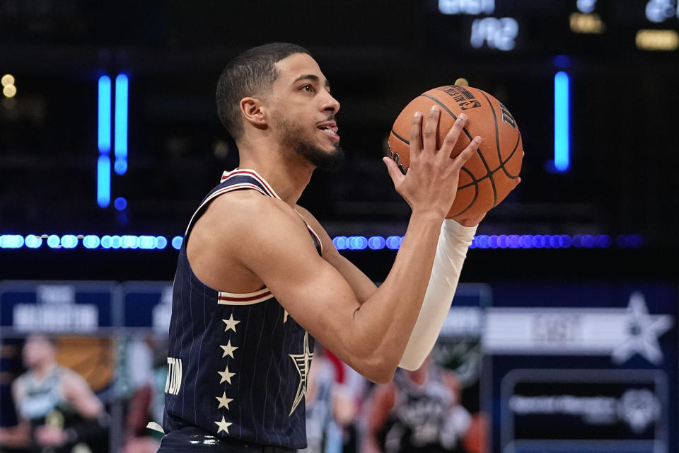 Indiana Pacers guard Tyrese Haliburton (0) shoots during the second half of an NBA All-Star basketball game in Indianapolis, Sunday, Feb. 18, 2024. (AP Photo/Darron Cummings)