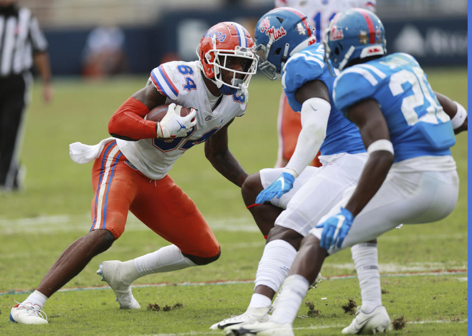 Florida receiver Kyle Pitts turns upfield during an NCAA college football game against Mississippi on Saturday, Sept. 26, 2020, in Oxford, Miss. (Thomas Wells/The Northeast Mississippi Daily Journal via AP)