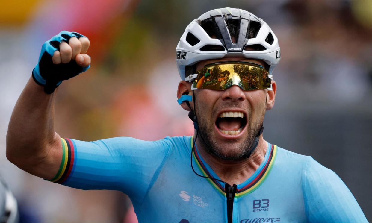 <span>Mark Cavendish crosses the finish line to win stage five of this year’s Tour de France.</span><span>Photograph: Stéphane Mahé/Reuters</span>