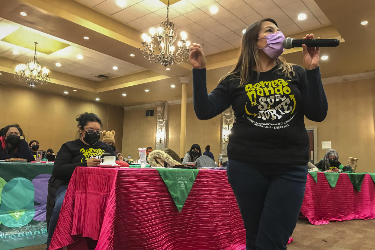 Veronica Cruz, director of Las Libres or The Free, an abortion advocacy group, speaks during a meeting of Mexican and American activists, in Matamoros, Mexico, on Jan. 21, 2022. (Maria Verza / AP file)