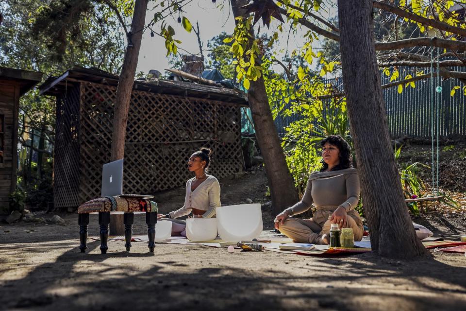 Aqueene Simran, a la derecha, dirige una clase de yoga virtual con Nicole Ballantine, en GreenStone Farm and Sanctuary.