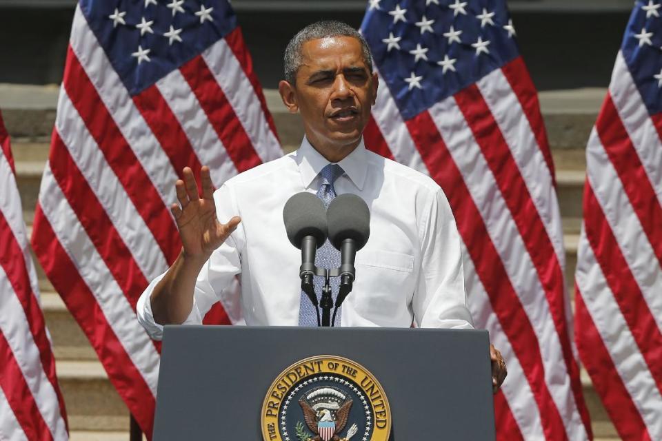 FILE - In this June 25, 2013 file photo, President Barack Obama speaks about climate change, at Georgetown University in Washington. President Barack Obama is sticking to a fossil-fuel dependent energy policy, delivering a blow to a monthslong, behind-the-scenes effort by nearly every major environmental group to convince the White House that the policy is at odds with his goals on global warming. (AP Photo/Charles Dharapak, File)