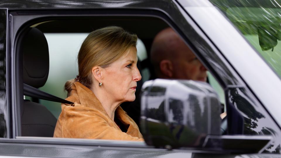 Sophie, Duchess of Edinburgh seen driving a Land Rover Defender as she attends day 3 of the 2023 Royal Windsor Horse Show