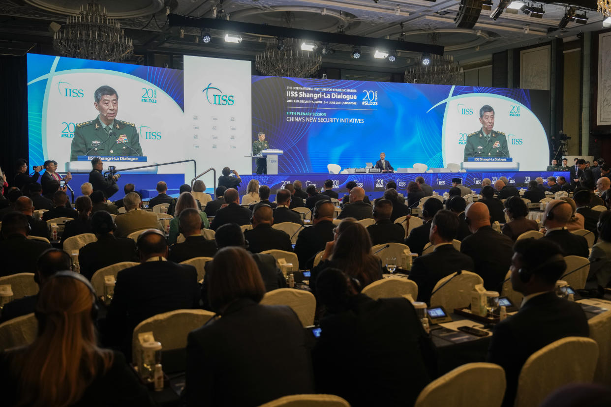 Chinese Defense Minister Gen. Li Shangfu delivers his speech on the last day of the 20th International Institute for Strategic Studies (IISS) Shangri-La Dialogue, Asia's annual defense and security forum, in Singapore, Sunday, June 4, 2023. (AP Photo/Vincent Thian)