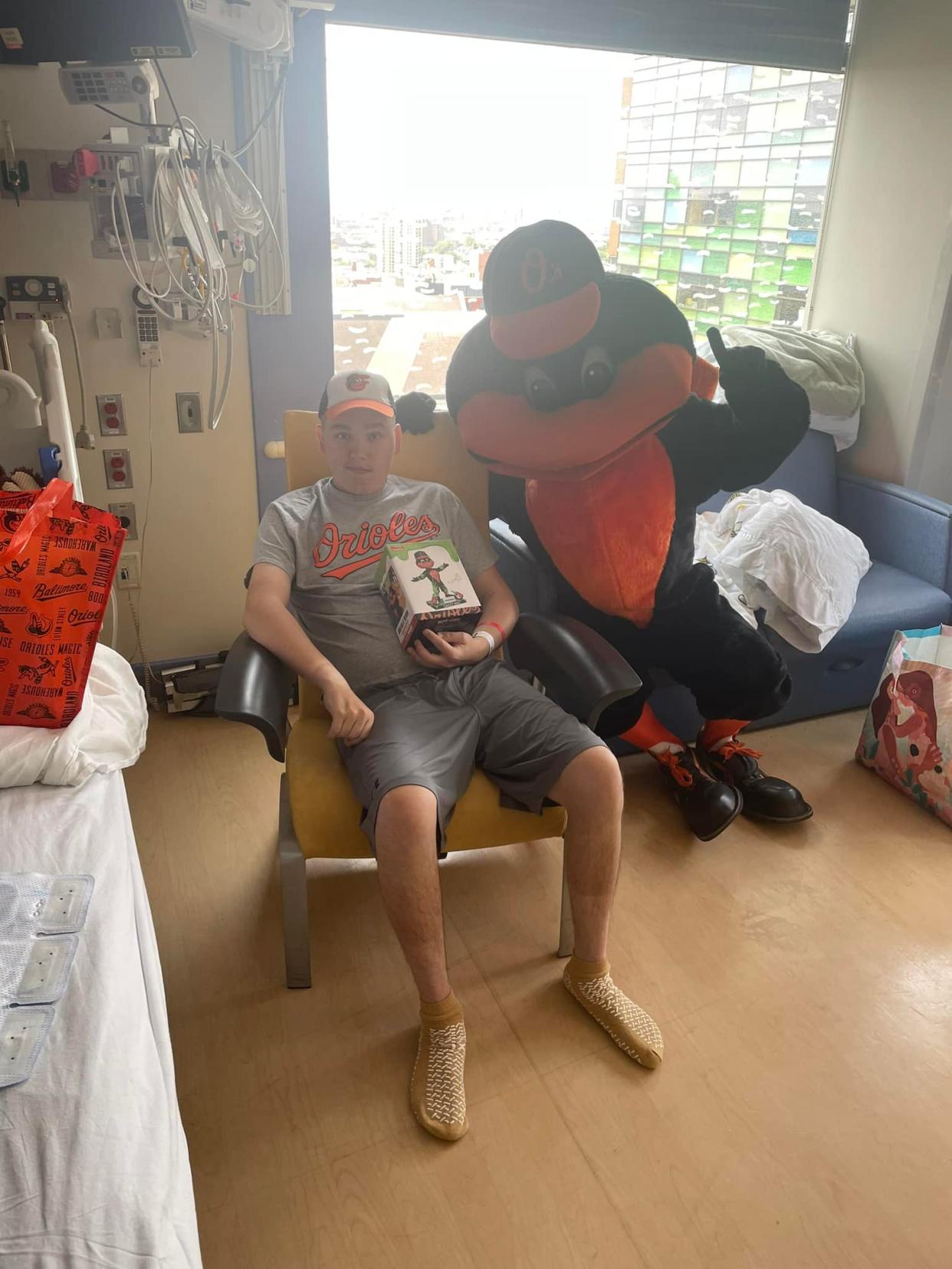 The Oriole Bird came to visit Zachary Gorsuch at Johns Hopkins on May 22, 2023.