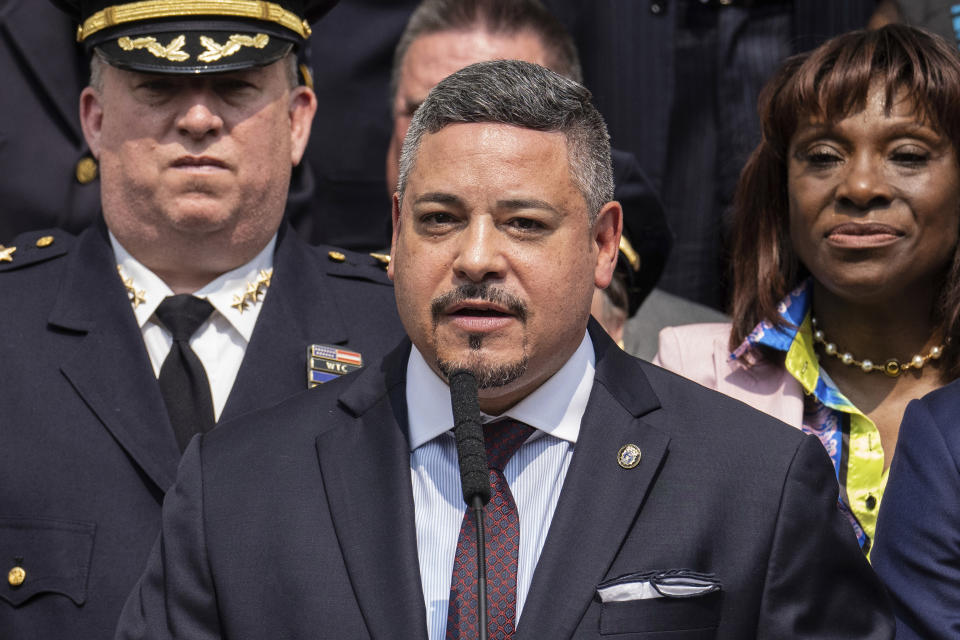 FILE — Edward A. Caban speaks after being sworn in as NYPD police commissioner outside New York City Police Department 40th Precinct, July 17, 2023, in New York. (AP Photo/Jeenah Moon, File)