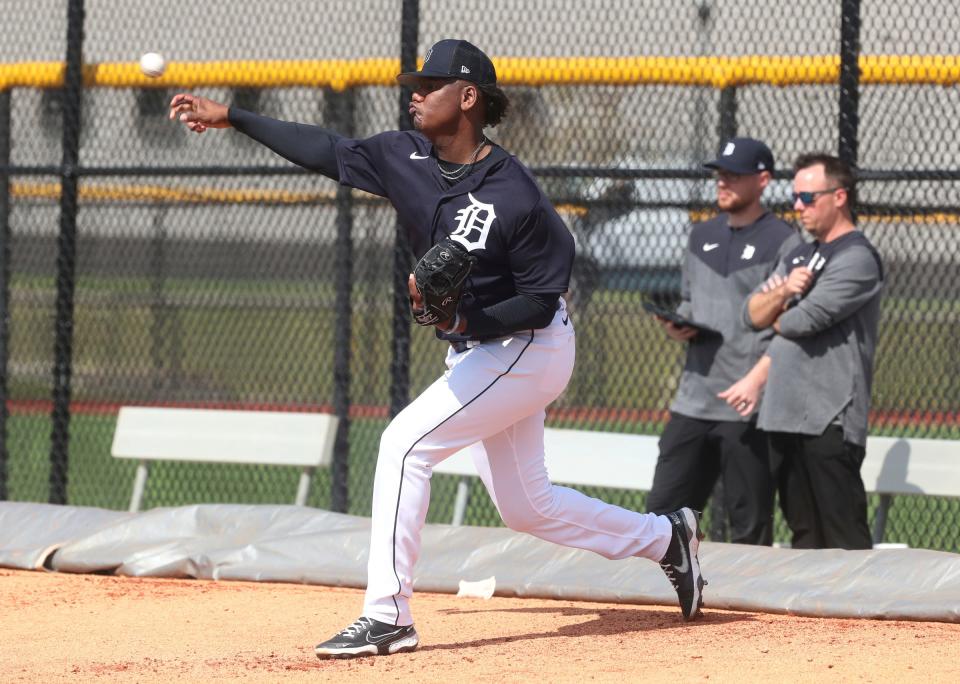 Detroit Tigers pitchers and catchers went through drills and a bullpen session during Spring Training Wednesday, February 15, 2023. Pitcher Elvis Alvarado throws during his bullpen session.