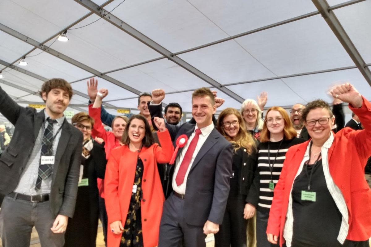 Labour\'s Josh Fenton-Glynn celebrates with supporters, having taken the Calder Valley seat off the Conservatives