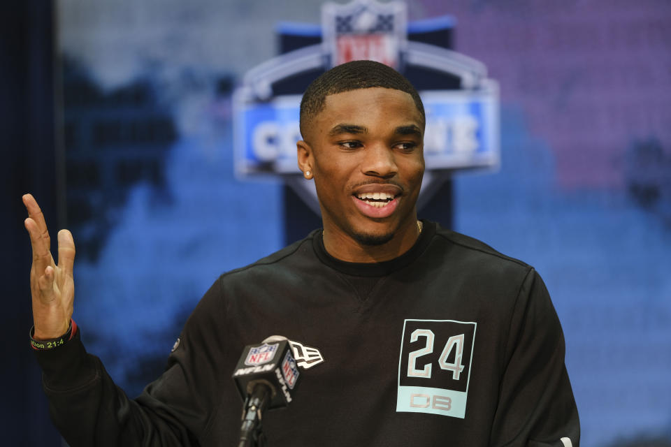 FILE - In this Feb. 28, 2020, file photo, Ohio State defensive back Jeff Okudah speaks during a news conference at the NFL football scouting combine in Indianapolis. Okudah is a possible pick at the NFL Draft which runs Thursday, April 23, 2020, thru Saturday, April 25. (AP Photo/AJ Mast, File)