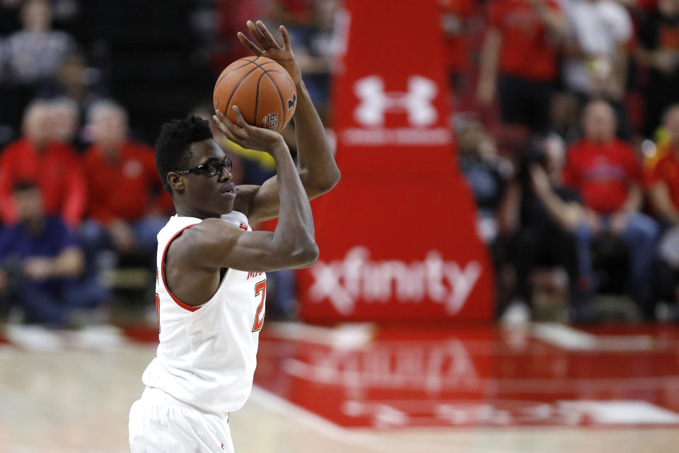 Maryland forward Jalen Smith shoots against Rutgers during the first half of an NCAA college basketball game Tuesday, Feb. 4, 2020, in College Park, Md. (AP Photo/Julio Cortez)