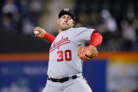Washington Nationals' Paolo Espino pitches during the first inning in the second baseball game of the team's doubleheader against the New York Mets, Tuesday, Oct. 4, 2022, in New York. (AP Photo/Frank Franklin II)