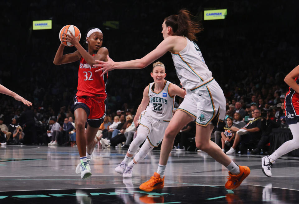 Shatori Walker-Kimbrough #32 of the Washington Mystics plays against the New York Liberty during Game Two of Round One of the 2023 Playoffs at the Barclays Center on September 19, 2023 in the Brooklyn borough of New York City.