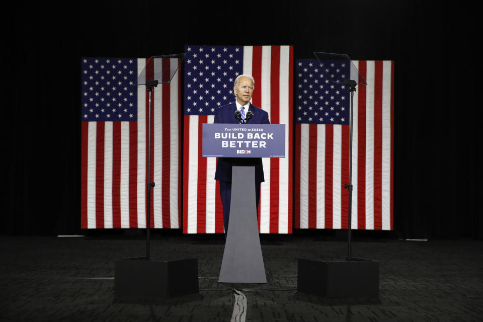 Democratic presidential candidate, former Vice President Joe Biden speaks during a campaign event, Tuesday, July 14, 2020, in Wilmington, Del. (AP Photo/Patrick Semansky)