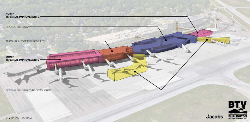 A schematic of the structures that will be demolished and built as part of revamping the terminal at Patrick Leahy Burlington International Airport.