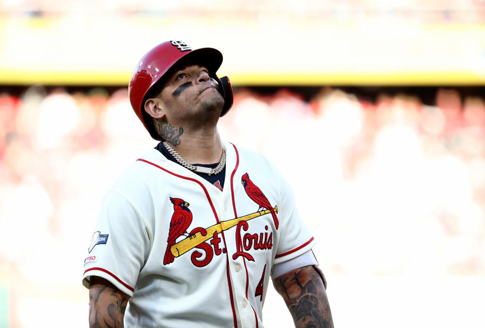 ST LOUIS, MISSOURI - OCTOBER 12: Catcher Yadier Molina #4 of the St. Louis Cardinals reacts after hitting into a double play to end the seventh inning of game two of the National League Championship Series against the Washington Nationals at Busch Stadium on October 12, 2019 in St Louis, Missouri. (Photo by Jamie Squire/Getty Images)