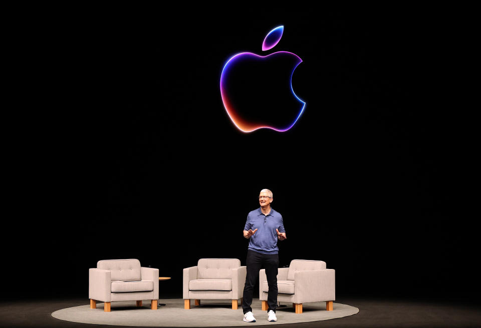 CUPERTINO, CA - JUNE 10: Apple CEO Tim Cook speaks at the start of Apple's Worldwide Developers Conference (WWDC) on June 10, 2024 in Cupertino, California.  Apple will announce plans to integrate artificial intelligence (AI) into Apple software and hardware.  (Photo by Justin Sullivan/Getty Images)