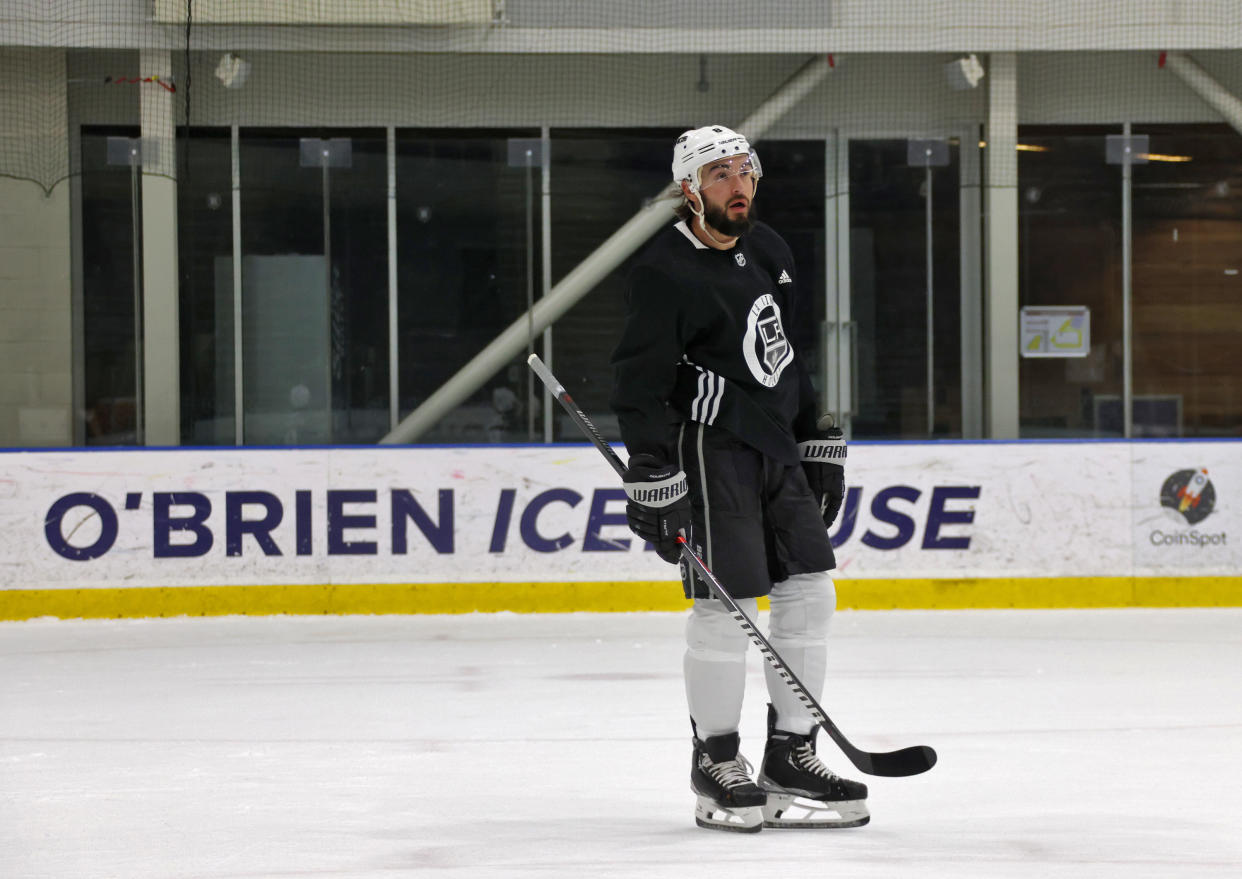 MELBOURNE, AUSTRALIA - SEPTEMBER 19: Drew Doughty #8 of the Los Angeles Kings looks on during practice at the O'Brien Ice House before the NHL Global Series Melbourne games between the Arizona Coyotes and the Los Angeles Kings on September 19, 2023 in Melbourne, Australia. (Photo by Dave Sandford/NHLI via Getty Images)