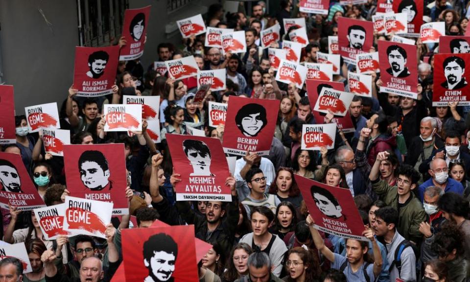 A protest against a Turkish court decision that sentenced philanthropist Osman Kavala to life in prison.