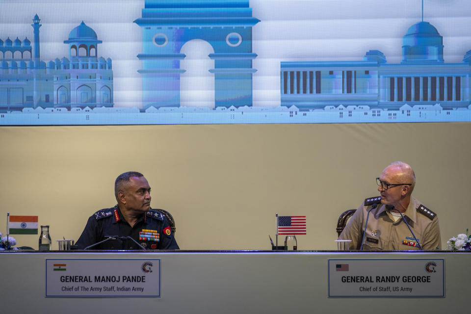 Chief of staff of the U.S. Army Gen. Randy George, right, and Indian Army chief Gen. Manoj Pande, left, address a joint press conference ahead of 13th Indo-Pacific Armies Chiefs Conference and 47th Indo-Pacific Armies Management Seminar in New Delhi, India, Tuesday, Sept. 26, 2023. (AP Photo/Altaf Qadri)