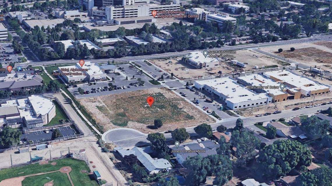 This view looking north shows the site of a proposed affordable apartment building at 6160 W. Denton St. surrounded by the Saint Alphonsus Regional Medical Center campus to the north, Liberty Park to the southwest and the Ada County Juvenile Detention Center’s to the west.