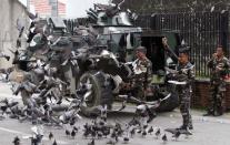 Government soldiers of Task Force Zamboanga feed pigeons with bread crumbs near a military command post during a lull in fighting with Muslim rebels of Moro National Liberation Front (MNLF), in Zamboanga city in southern Philippines September 16, 2013. (REUTERS/Erik De Castro)