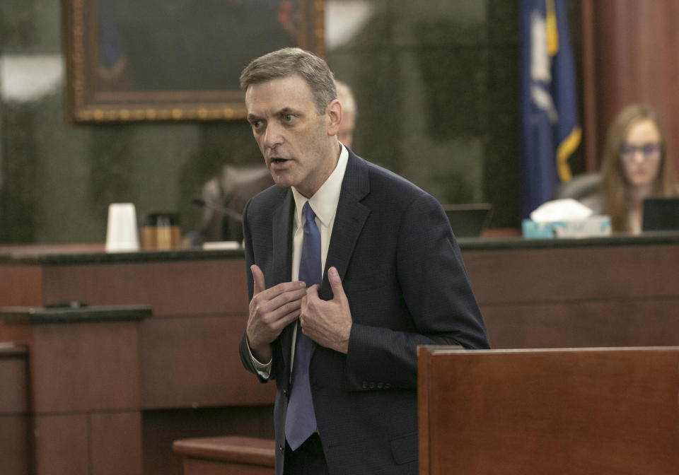 Rick Hubbard, 11th Circuit Solicitor, delivers closing arguments, pushing for the death penalty during the sentencing phase of the trial of Timothy Jones Jr. in Lexington, S.C. on Thursday, June 13, 2019. Jones, Jr. was found guilty of killing his five young children in 2014. (Tracy Glantz/The State via AP, Pool)