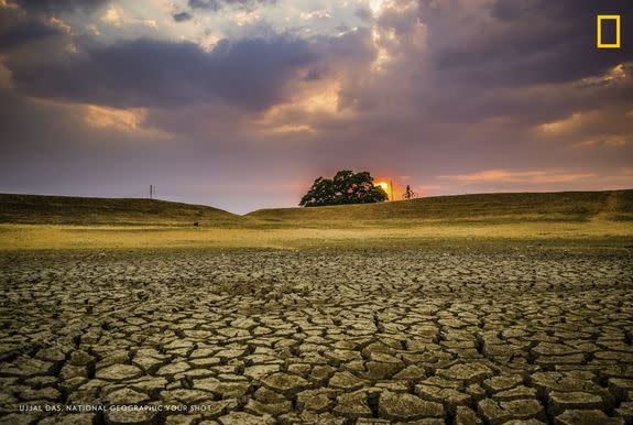 A patch of parched dirt in the drought-stricken Puruliya district of West Bengal, India.