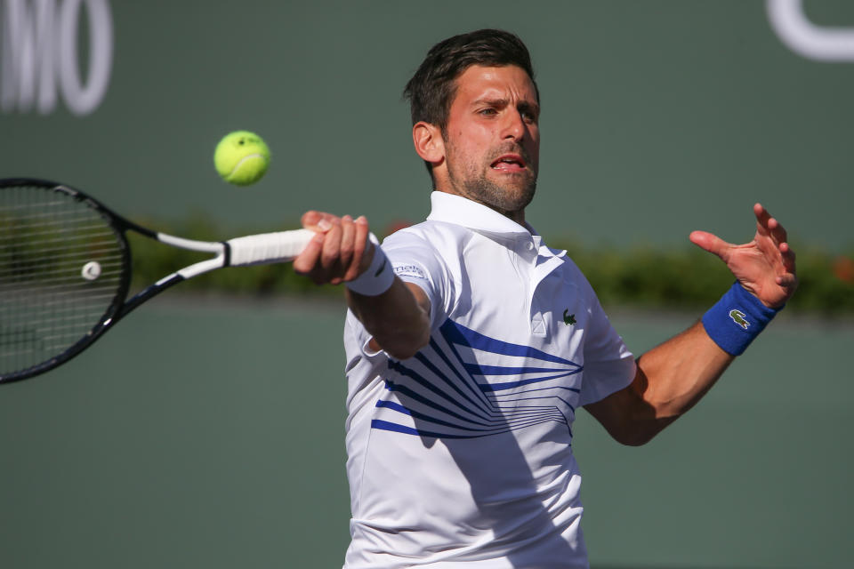 INDIAN WELLS, CA - MARCH 15: Novak Djokovic (SRB) hits a forehand during the BNP Paribas Open on March 15, 2019 at Indian Wells Tennis Garden in Indian Wells, CA. (Photo by George Walker/Icon Sportswire via Getty Images)