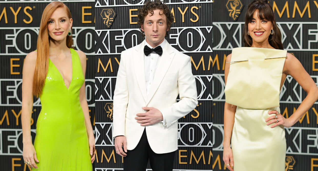 Jessica Chastain, Jeremy Allen White and Aubrey Plaza at the 2024 Emmys. (Images via Getty Images)