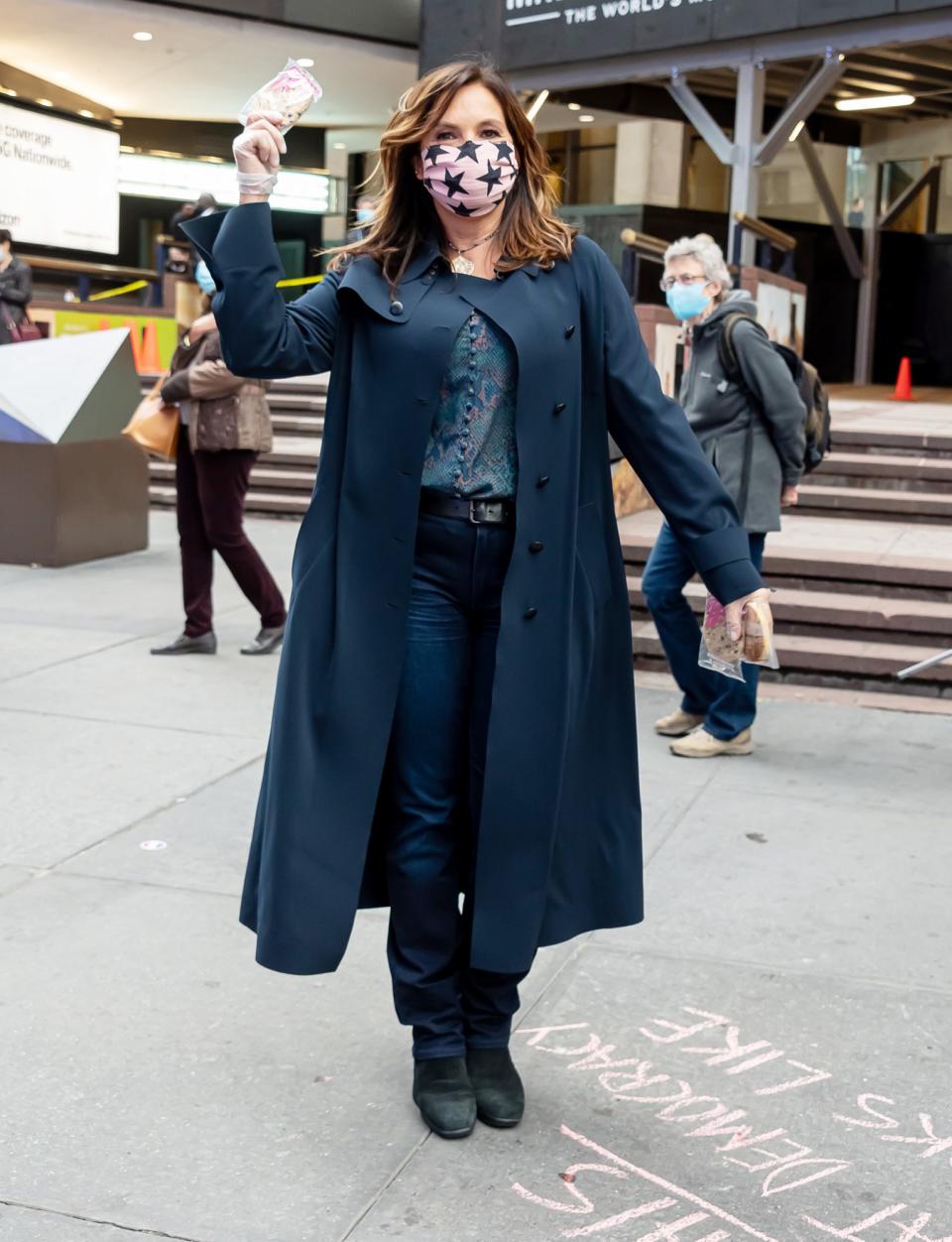 <p>Mariska Hargitay joins Election Super Centers' project to hand out Milk Bar cookies to voters outside the Madison Square Garden polling site on Tuesday in N.Y.C. </p>