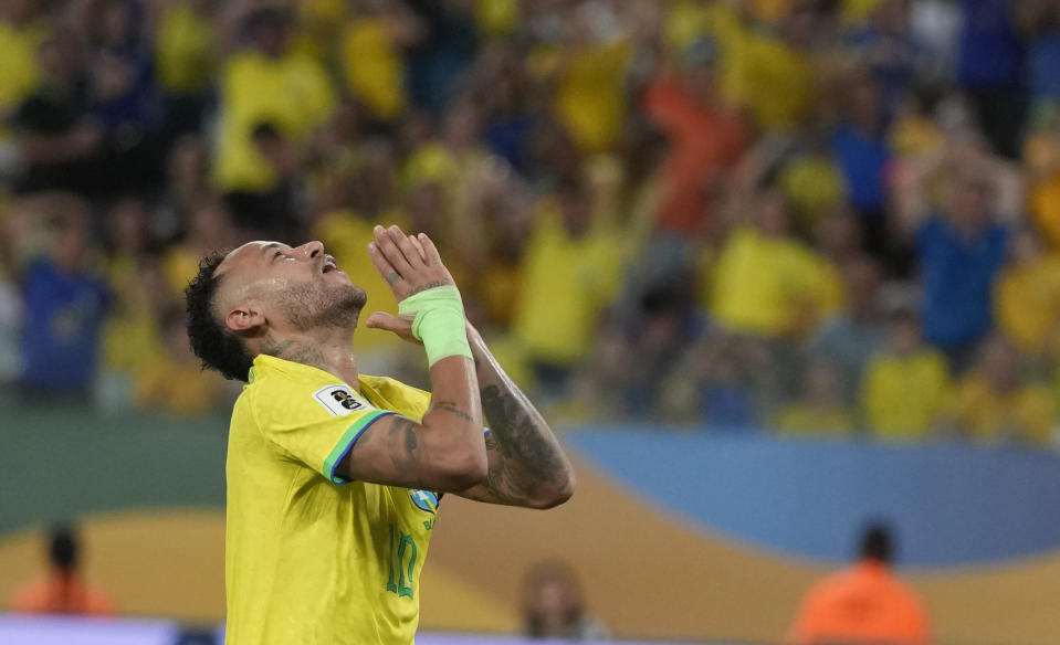 Brazil's Neymar gestures after missing a chance to score against Venezuela during a qualifying soccer match for the FIFA World Cup 2026 at Arena Pantanal stadium in Cuiaba, Brazil, Thursday, Oct.12, 2023. (AP Photo/Andre Penner)