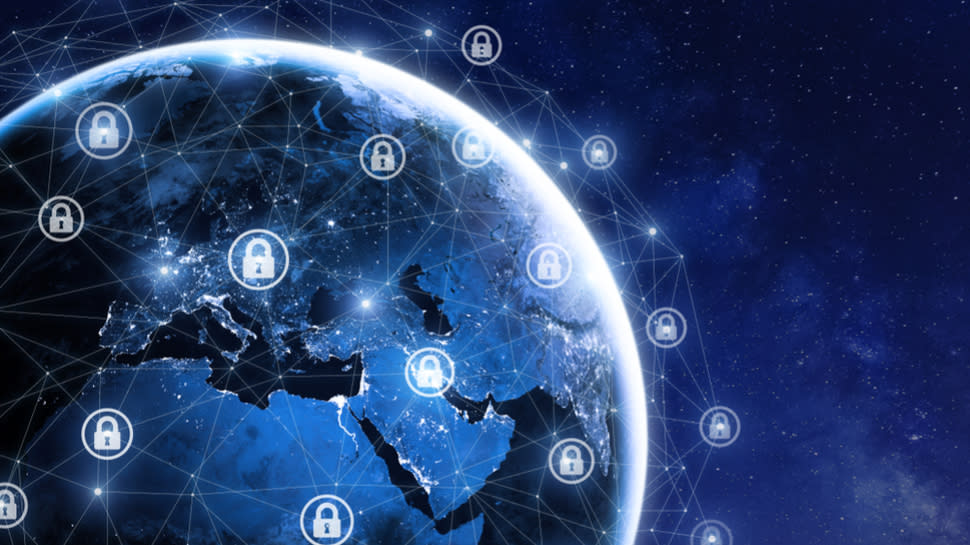  An image of security icons for a network encircling a digital blue earth. 