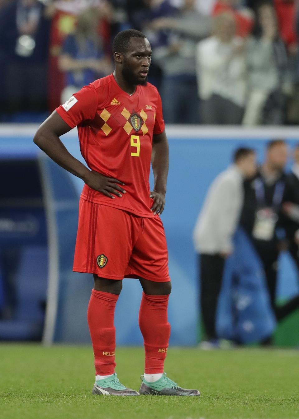 <p>Romelu Lukaku reacts at the end of the match </p>