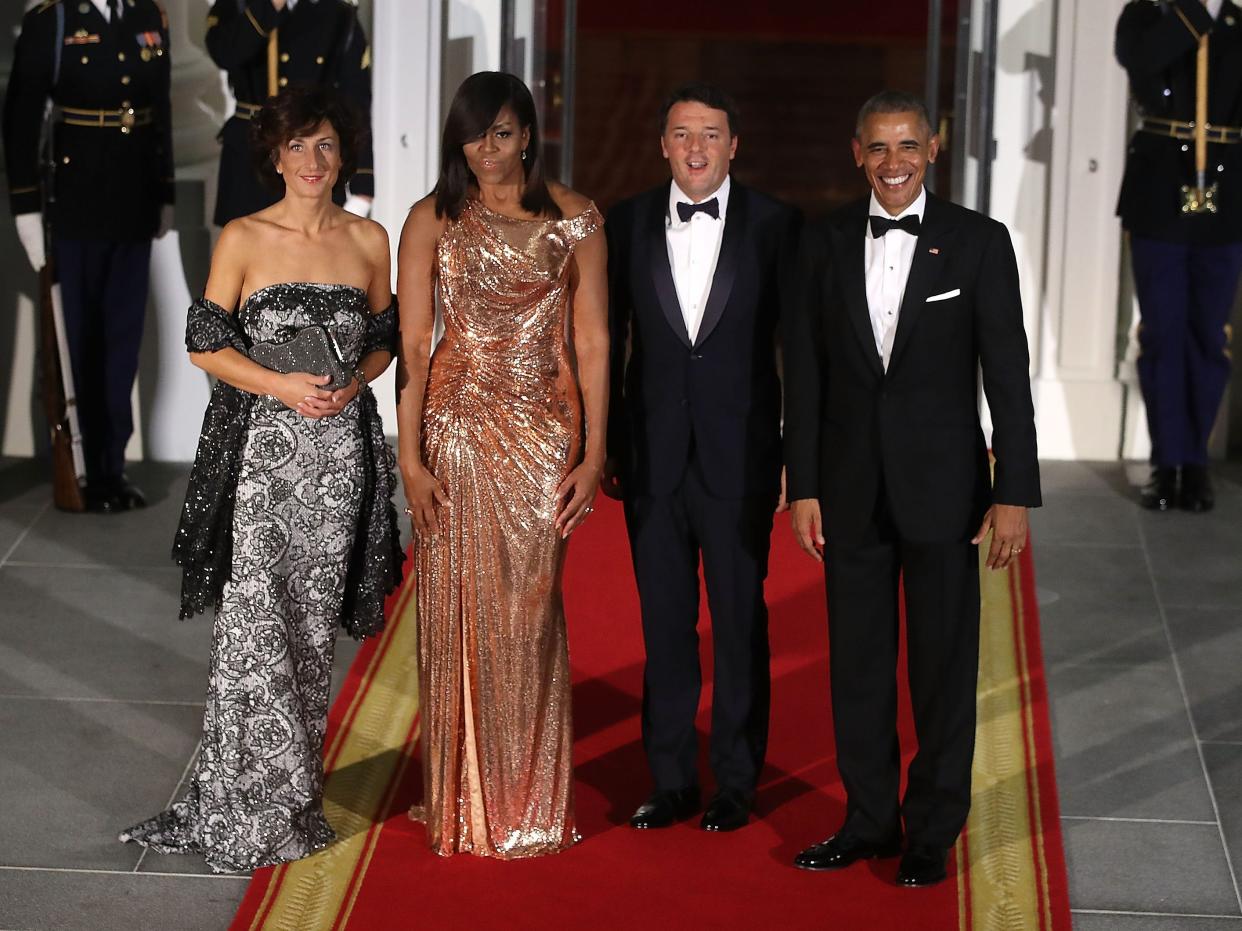 The Obamas greet Italian Prime Minister Matteo Renzi and his wife at the White House