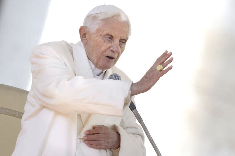 Pope Benedict XVI speaks during his final general audience before his retirement in St. Peter square at the Vatican on February 27, 2013. File Photo by Stefano Spanziani/UPI