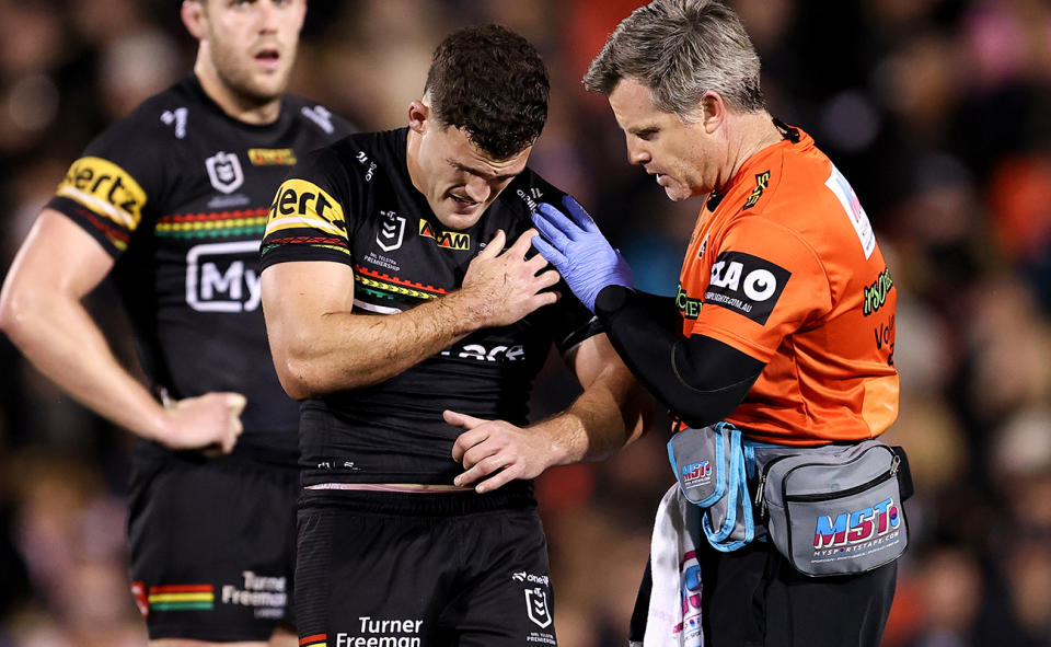 Nathan Cleary, pictured here after dislocating his shoulder.