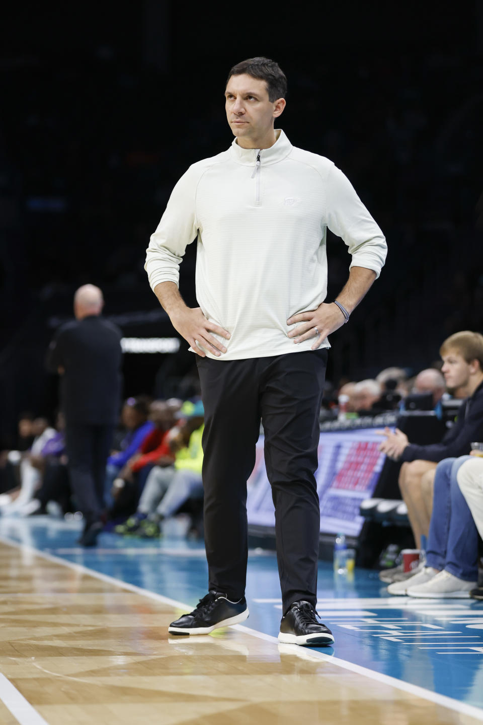 Oct 15, 2023; Charlotte, North Carolina, USA; Oklahoma City Thunder head coach Mark Daigneault watches as the Thunder play against the Charlotte Hornets in the second half at Spectrum Center. Mandatory Credit: Nell Redmond-USA TODAY Sports