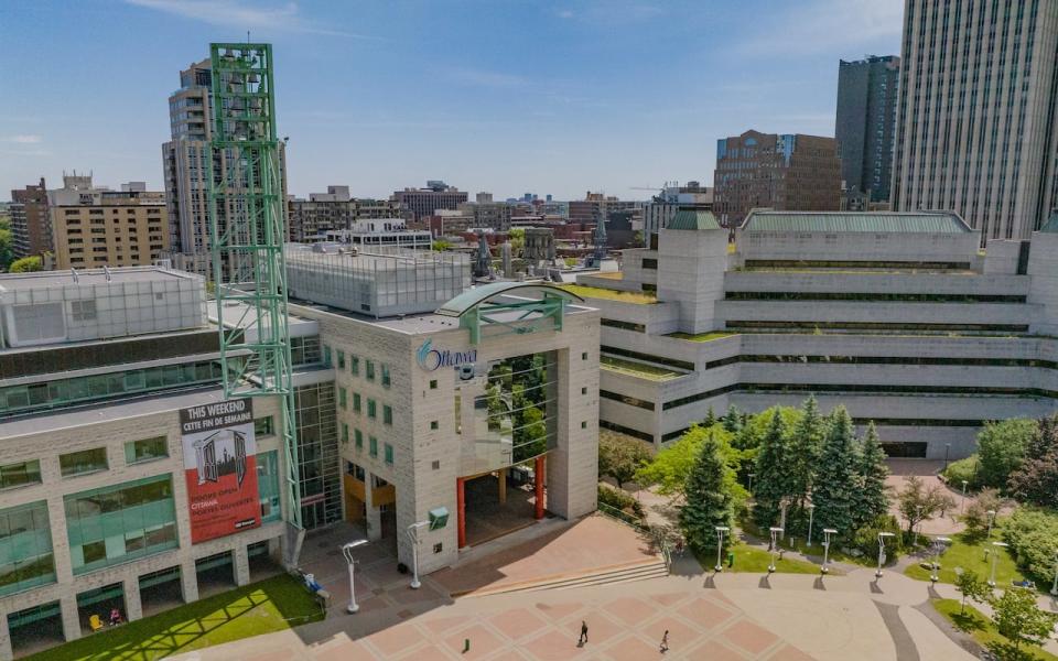 A photo taken with a drone of Ottawa City Hall downtown. Taken on May 31, 2024.