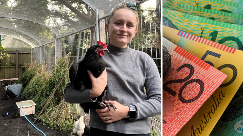 Bailie Stirling with her chicken at home. Australian money notes. Grocery savings concept.