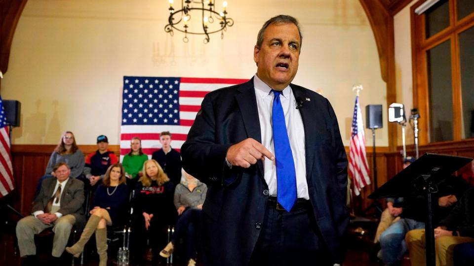 PHOTO: Republican presidential candidate Chris Christie announces he is dropping out of the race during a town hall campaign event on Jan. 10, 2024, in Windham, N.H.  (Robert F. Bukaty/AP)