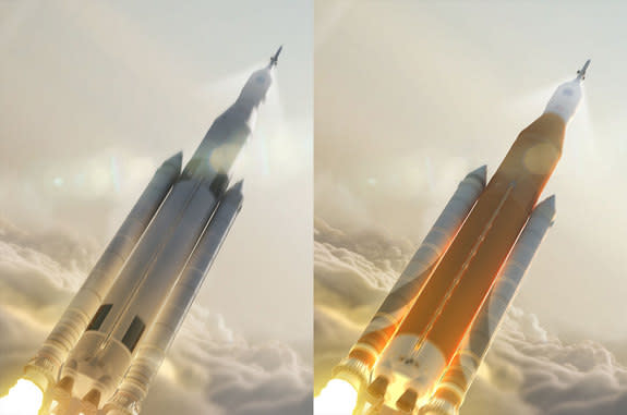 When first announced in 2011, NASA’s Space Launch System sported a Saturn V-inspired color scheme, as seen at left.
