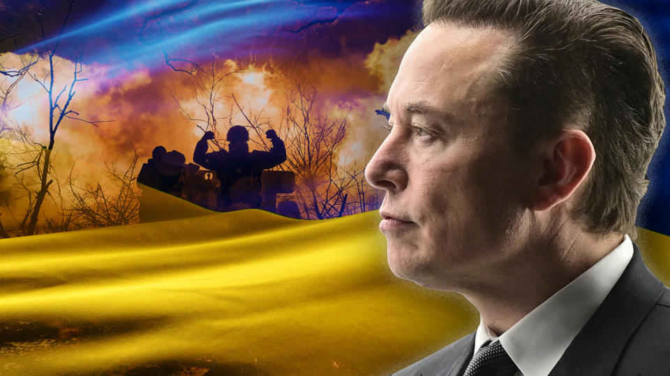 A photo illustration of Elon Musk against a backdrop image of the war in Ukraine.