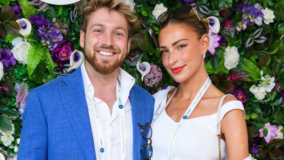 London, UK. 9 July 2022. Zara McDermott and Sam Thompson attending the OPPO hospitality suite, on day 12 of the 2022 Wimbledon Championships at the All England Lawn Tennis and Croquet Club, Wimbledon, London. Picture date: Friday July 8, 2022. Photo credit should read: Matt Crossick/Empics/Alamy Live News