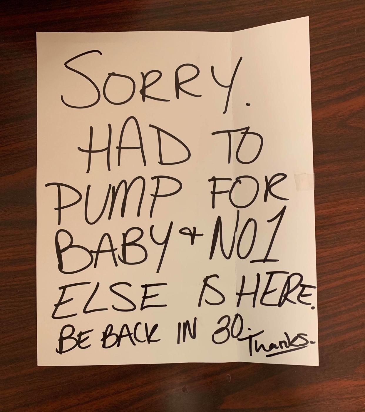 Emily Edgington, an assistant manager at a Family Dollar store in Mansfield, Ohio, used this sign to close the shop to breast-pump. (Photo: Courtesy of Emily Edgington)