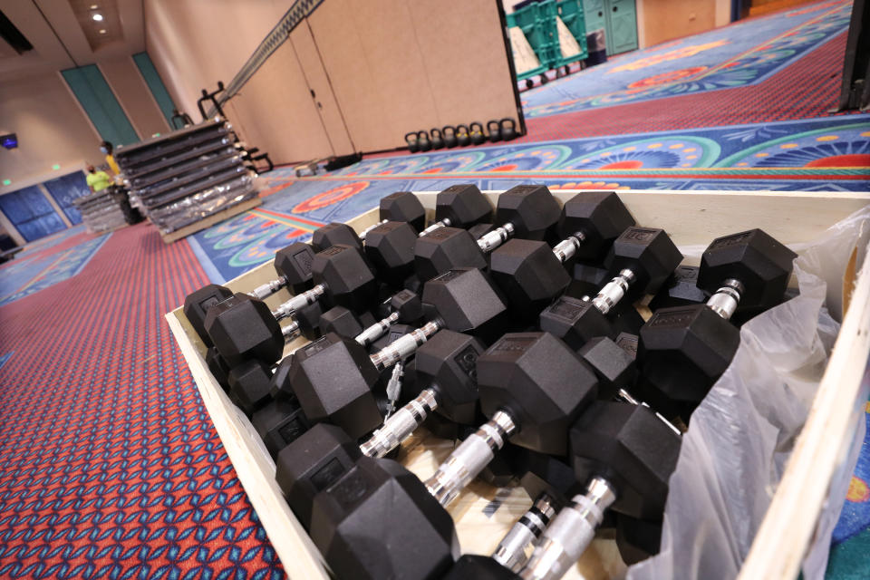 A general overall view of the installation of the weight room as part of the NBA Restart 2020 on July 1, 2020 in Orlando, Florida.