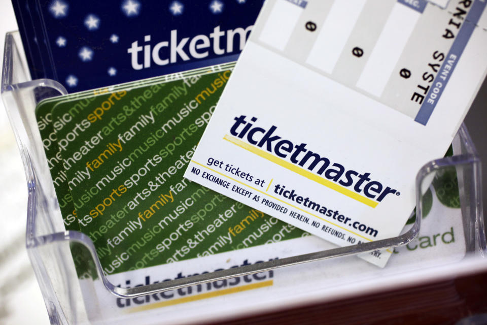 FILE - In this May 11, 2009 file photo, Ticketmaster tickets and gift cards are shown at a box office in San Jose, Calif. Millions of people are eligible for free tickets through Ticketmaster as a result of a lawsuit over ticket fees and other charges. (AP Photo/Paul Sakuma, File)