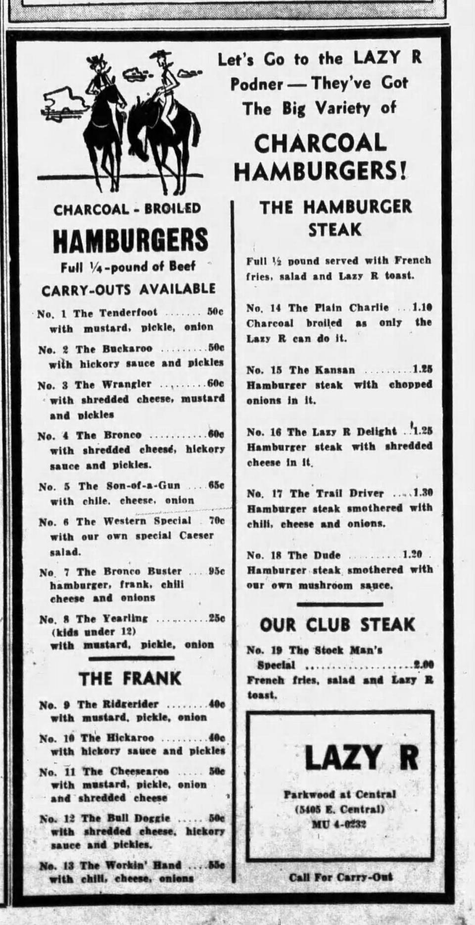 Lazy R’s menu when the first restaurants opened in 1963