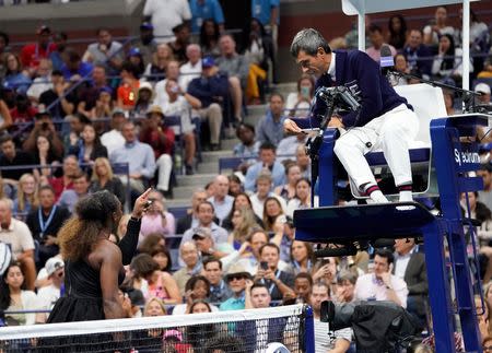Serena Williams argues with chair umpire Carlos Ramos while playing. Robert Deutsch-USA TODAY Sports