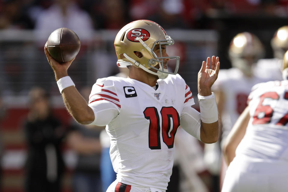 San Francisco 49ers quarterback Jimmy Garoppolo throws the ball during the first half of an NFL football game against the Carolina Panthers in Santa Clara, Calif., Sunday, Oct. 27, 2019. (AP Photo/Ben Margot)