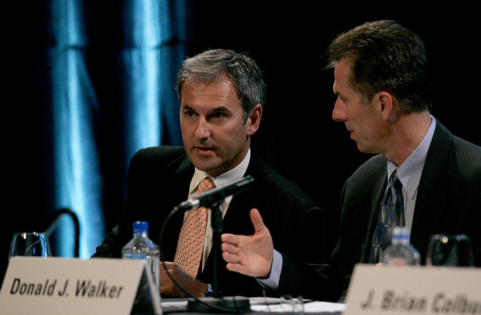 <p><b>No. 2: Donald Walker (right), Magna International Inc.</b><br> Base Salary: $415,462<br> Bonus: $13,351,025<br> Shares: $8,899,831<br> Options: $3,675,239<br> Pension: N/A<br> Other: $198,143<br><b>Total Compensation: $26,539,700</b><br> (Photo: Getty) </p>